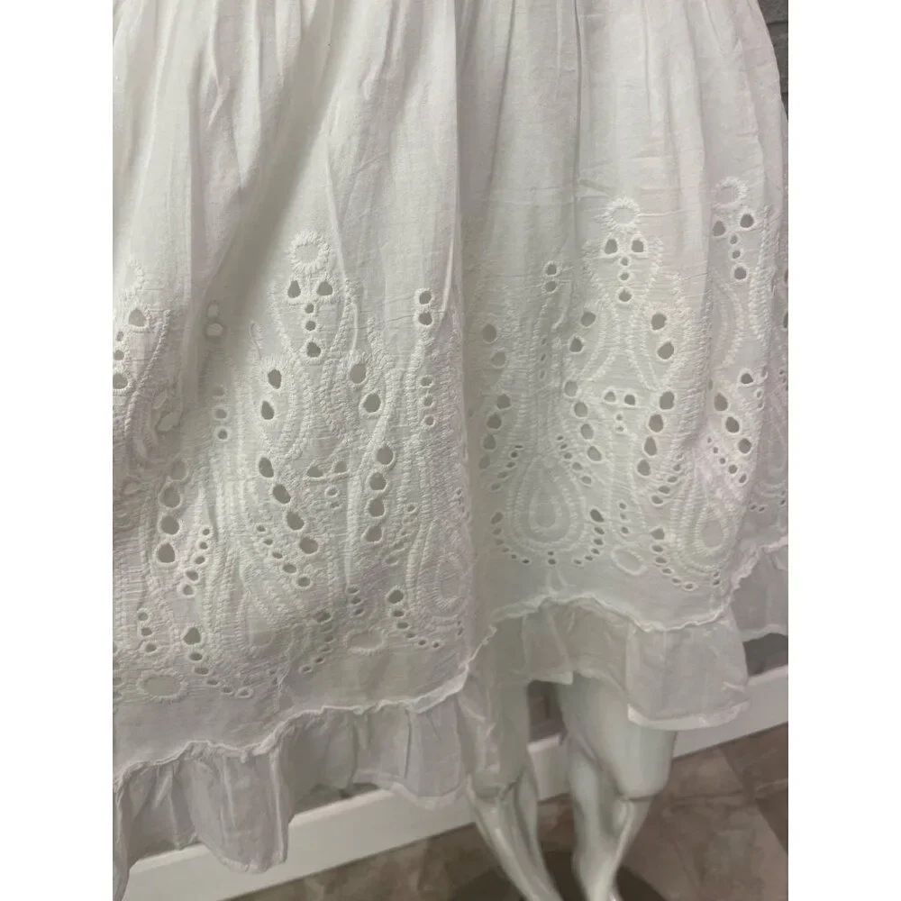 Indian Emporium Women White Cotton Crochet Smock Waist Eyelet Ruffle Dress Size